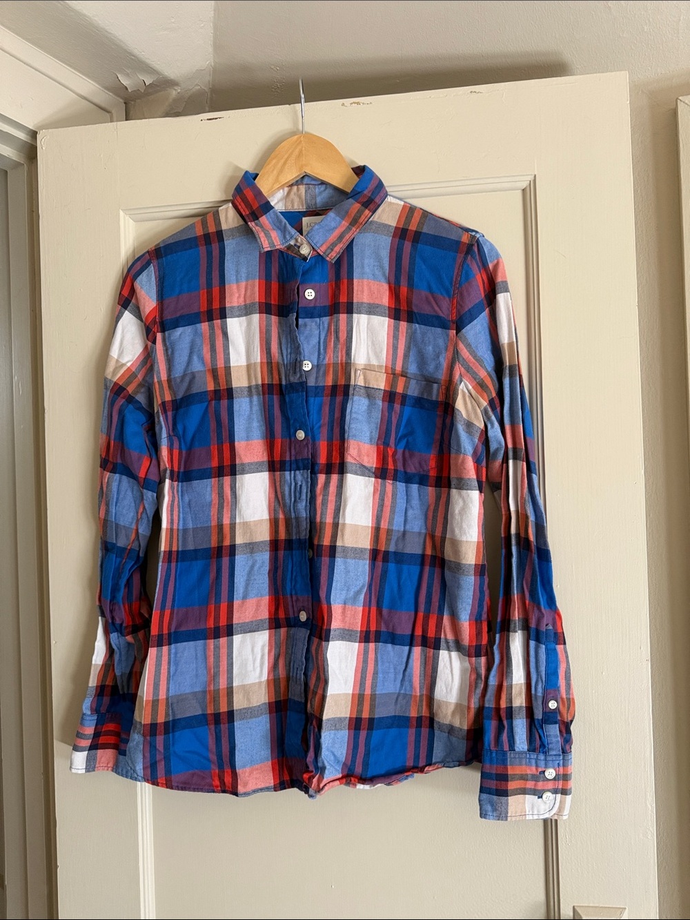 J. Crew Blue, Red and White Plaid Button-Down Shirt